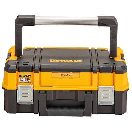 Front view of a DEWALT T STAK tool storage box, model DWST83344-1, featuring a sturdy handle on top, yellow and black design, metal latches, and an IP54 water resistance label.
