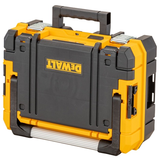 A DEWALT branded black and yellow hard plastic tool case with a handle on top, metal latches, and reinforced corners. The case is designed for storing and transporting tools securely.