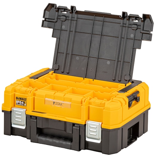 A DEWALT TSTAK tool storage box with an open lid, made of yellow and black plastic, showing interior compartments for organizing tools or accessories. The box features metal latches, a sturdy handle, and an IP54 water and dust resistance label.