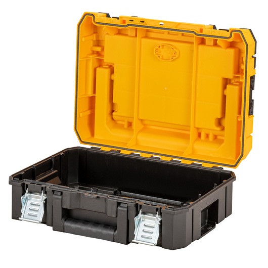 A DEWALT heavy-duty black and yellow plastic toolbox with the lid open, showing an empty compartment. The toolbox has a sturdy handle and metal latches.