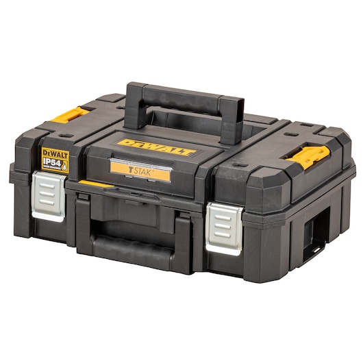 A black DEWALT TSTAK tool storage box with yellow and silver accents, featuring a sturdy handle and latches, designed for secure and organized tool storage.