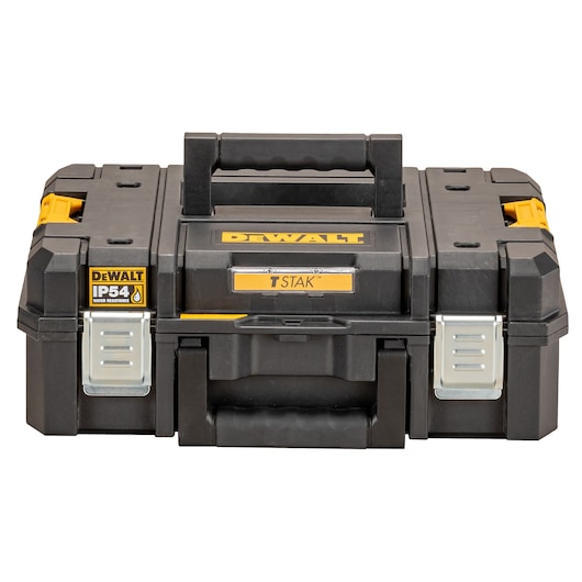 Front view of a DEWALT TSTAK DWST83345-1 tool storage box with a black and yellow design, metal latches, and carrying handles.