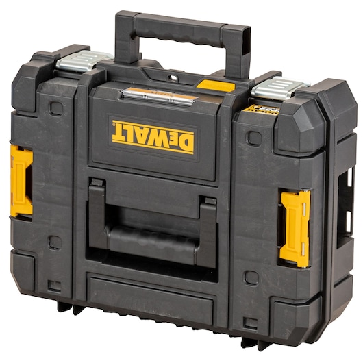 A black and yellow DEWALT hard plastic toolbox with two handles, metal latches, and reinforced corners, designed for secure storage and transport of tools.
