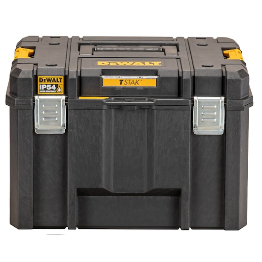Black DEWALT TSTAK toolbox with yellow details, metal latches, water resistant IP54 label, sturdy and stackable design.