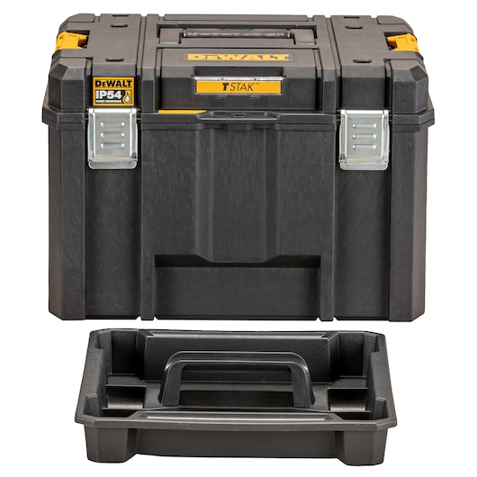 DEWALT black TSTAK tool box with metal latches and removable organizer tray, shown in front view.