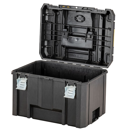 Black DEWALT storage box with open lid and metal latches, designed for tool organization and durability.