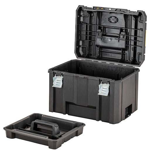 Open black DEWALT tool box with metal clips and removable tray shown in front.