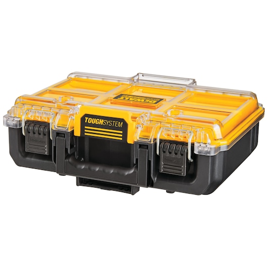 DEWALT ToughSystem case with yellow lid, black base, clear latches, and handle for tool or accessory storage.