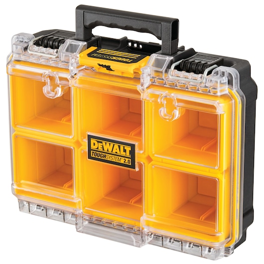 DEWALT ToughSystem 2.0 organizer box with transparent lid and yellow compartments for storage.