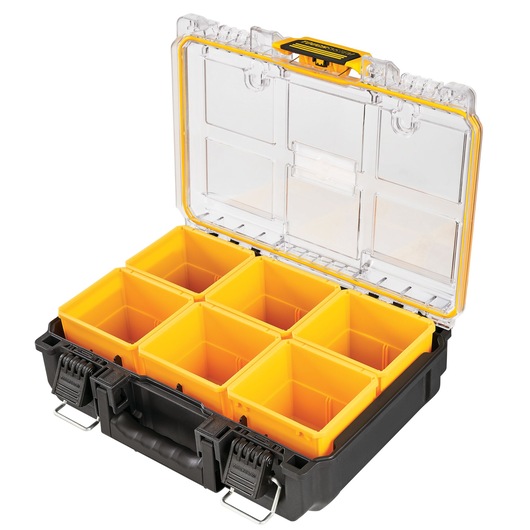 DEWALT organizer box with six yellow compartments, clear lid, and black base for tool storage.