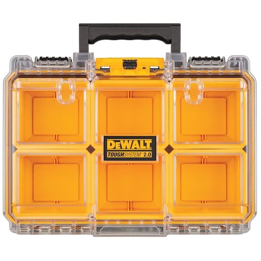DEWALT ToughSystem 2.0 transparent organizer case with six orange compartments and black handle.