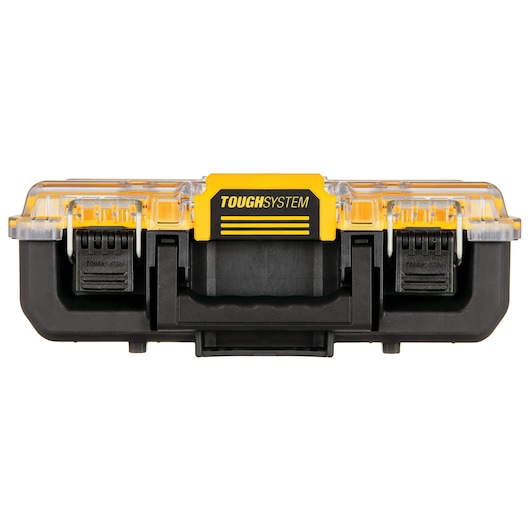DEWALT ToughSystem storage box with yellow lid, clear cover, and black latches, shown from the front.