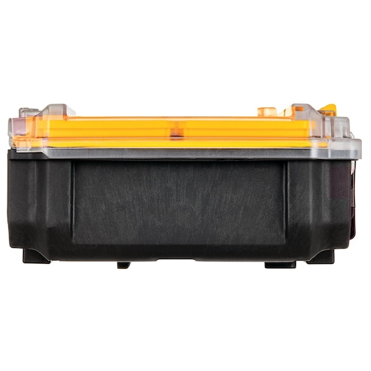 Closed black DEWALT storage box with clear and yellow lid, shown from the front view.