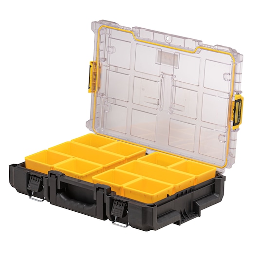 DEWALT plastic organizer with transparent lid and black base, featuring yellow removable compartments for storing small parts or tools.
