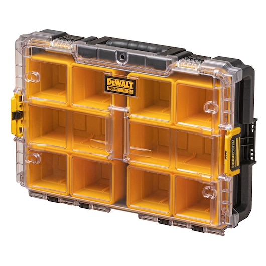 A DEWALT ToughSystem 2.0 organizer case with a transparent lid and yellow compartments for storing small tools or accessories.