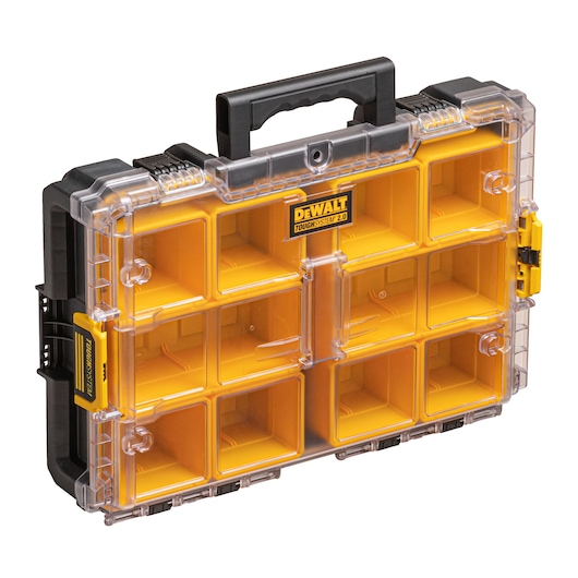 A DEWALT ToughSystem 2.0 organizer with a transparent lid, yellow compartments, and a black handle for carrying.