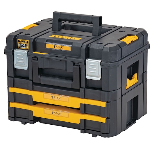 Stackable black and yellow Dewalt TSTAK toolbox with two drawers, robust handles, and metal latches, designed for secure storage and easy transport of tools.