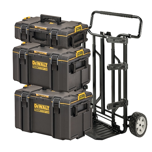 Stacked DEWALT ToughSystem 2.0 toolboxes on a heavy-duty wheeled cart for easy transport and storage.