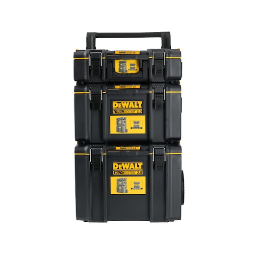 Stacked DEWALT ToughSystem 2.0 toolboxes with yellow labels and black latches, shown against a white background.