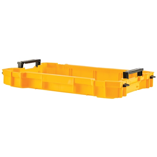 A yellow DEWALT shallow storage box with black handles and latches, shown empty and viewed at an angle.
