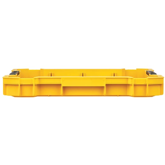 Front view of a DEWALT DWST83407-1 yellow plastic tool storage box with black latches on both sides.