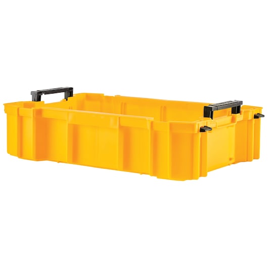 Yellow DEWALT storage box with black handles, rectangular and stackable, shown on a white background.