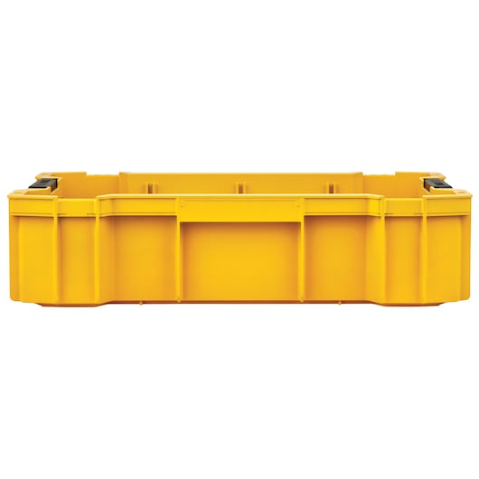 Yellow DEWALT storage box shown from the front, with black latches on each side, no lid visible.