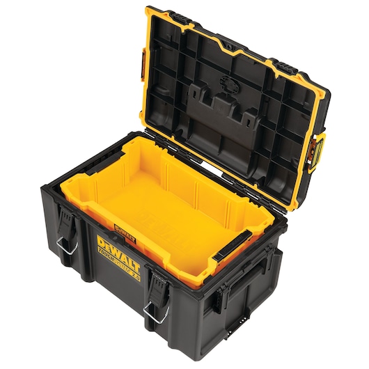 Open DEWALT black and yellow toolbox with inner tray, showing compartments for tool storage.