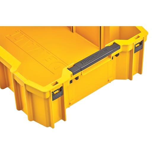 Yellow DEWALT ToughSystem tool box with black handle, shown partially open on a white background.