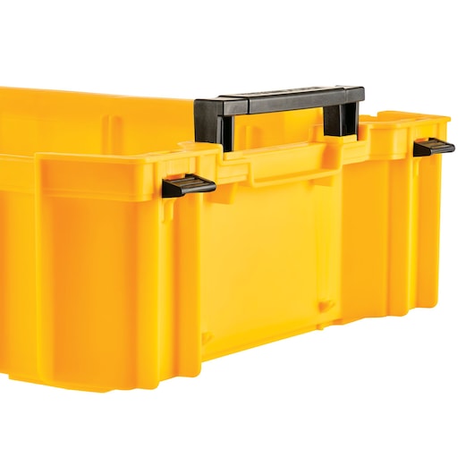 Yellow DEWALT storage box with black handle, shown from the side against a white background.