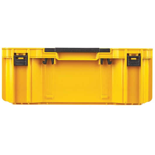 Yellow DEWALT storage case with black latches and handle, shown from the front against a white background.
