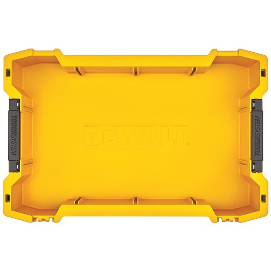 Yellow DEWALT storage box lid, rectangular shape, ToughSystem branding on black side clips.
