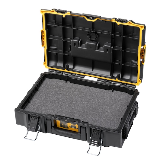 Open DEWALT hard case with foam insert and yellow accents, suitable for storing and protecting tools or equipment.