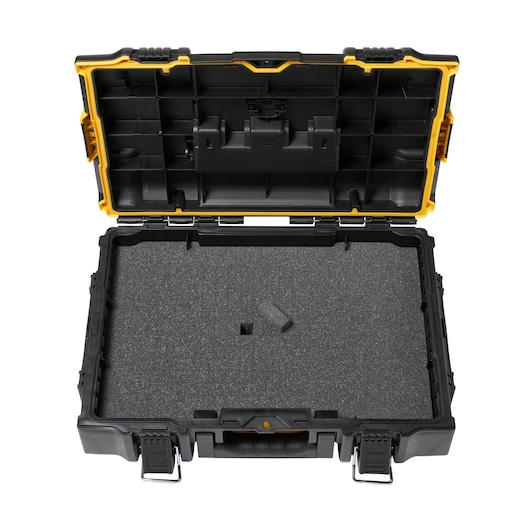 Open DEWALT hard case with foam insert, black and yellow, suitable for tool or equipment storage and protection.