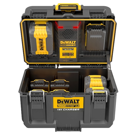 Open DEWALT ToughSystem 2.0 case with multiple 18V batteries and charger organized inside.