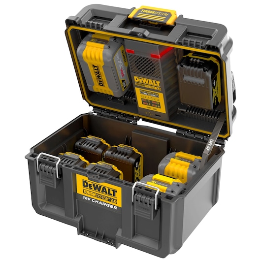 DEWALT ToughSystem 2.0 18V charger storage box with batteries, lid open showing organized compartments.