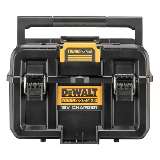 Front view of a DEWALT ToughSystem 2.0 18V charger case in black with yellow accents and metal latches.
