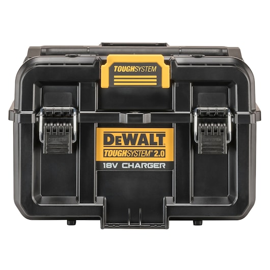 DEWALT ToughSystem 2.0 black toolbox with yellow handle, labeled 18V charger on the front.