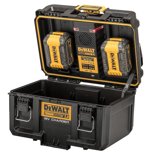 Open DEWALT ToughSystem 2.0 18V Charger box with two batteries attached to lid, black and yellow design.