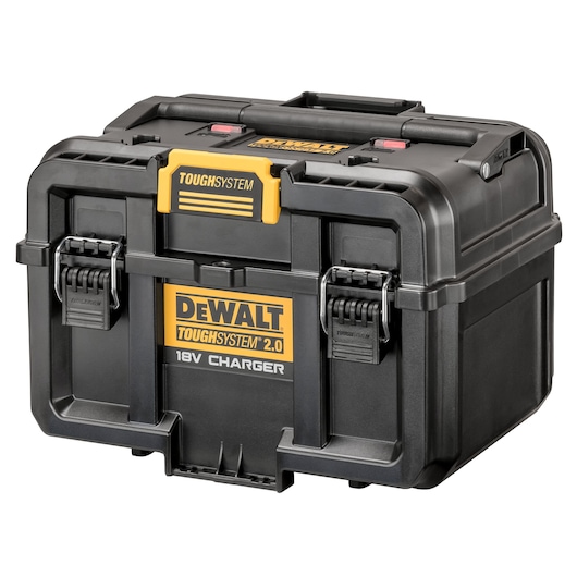 Black DEWALT ToughSystem 2.0 18V charger storage box with yellow branding and secure latches.
