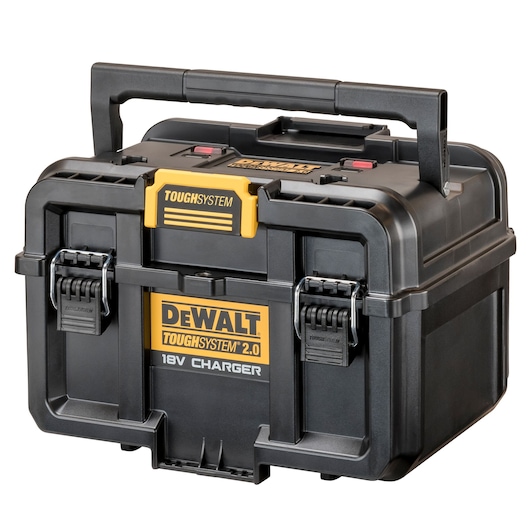 DEWALT ToughSystem 2.0 18V charger box with handle and secure latches, suitable for storing and charging tools.