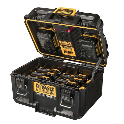 Open DEWALT ToughSystem 2.0 case with multiple 18V chargers inside, designed for tool battery charging and storage.