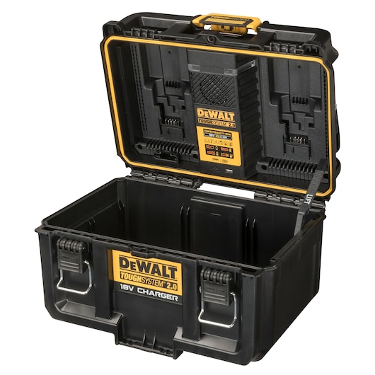 Open DEWALT ToughSystem 2.0 18V Charger storage box, black with yellow details, robust and empty inside.