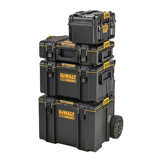 Stacked DEWALT ToughSystem 2.0 black tool storage boxes with yellow accents and wheels, shown for organization.