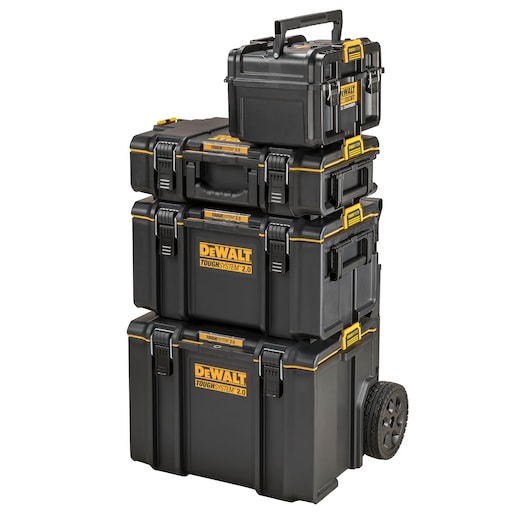 Stack of four DEWALT ToughSystem 2.0 toolboxes with wheels and handles for portable storage.
