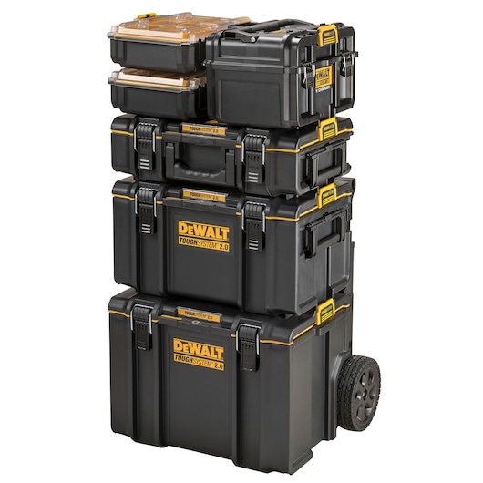 Stack of DEWALT ToughSystem 2.0 wheeled modular toolboxes in black with yellow accents, shown on a white background.