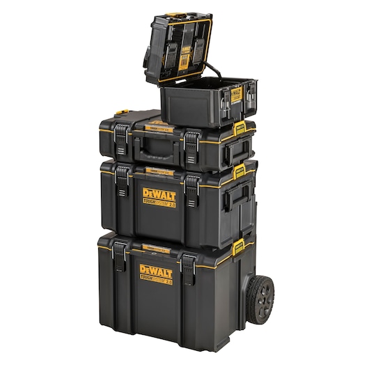 Stacked DEWALT ToughSystem 2.0 tool storage boxes with wheels and one open lid, shown on a white background.