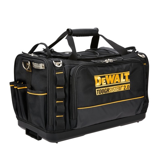 DEWALT ToughSystem 2.0 black tool bag with multiple pockets and sturdy handles.