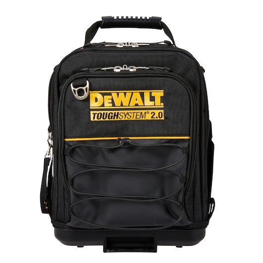 Front view of a DEWALT ToughSystem 2.0 black tool bag with yellow branding, multiple compartments, zippers, a carrying handle, and elastic storage bands.