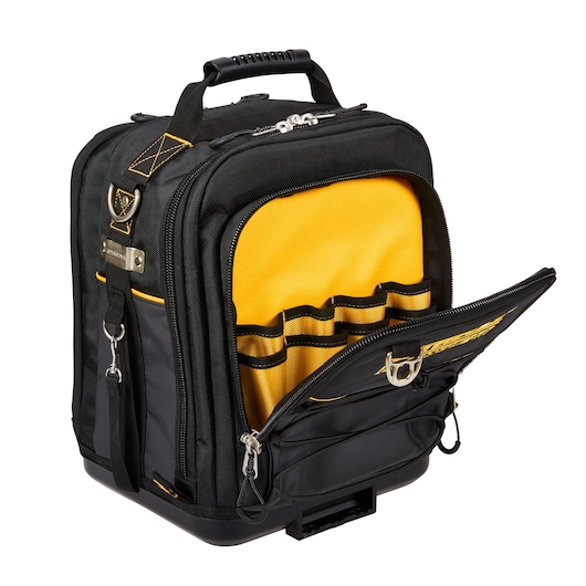 DEWALT black and yellow tool backpack with multiple compartments and pockets, shown with the front zipper open to display interior storage.